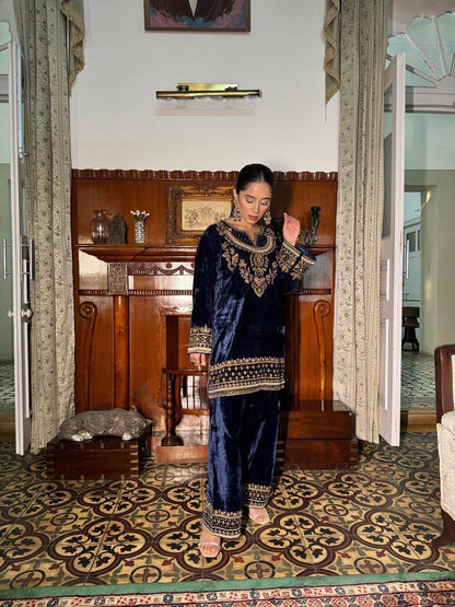 Navy Blue Velvet Kurta Palazzo Set with Heavy Embroidery