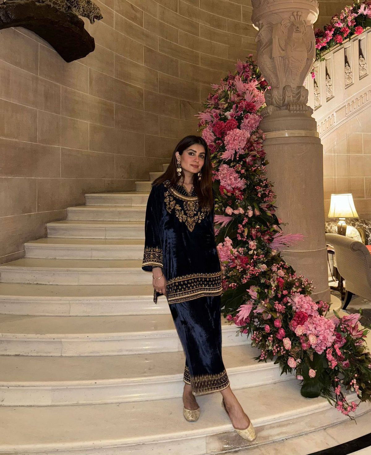 Navy Blue Velvet Kurta Palazzo Set with Heavy Embroidery