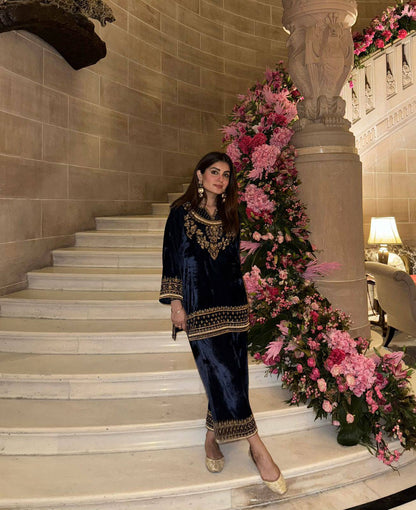 Navy Blue Velvet Kurta Palazzo Set with Heavy Embroidery