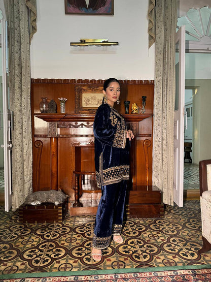 Navy Blue Velvet Kurta Palazzo Set with Heavy Embroidery