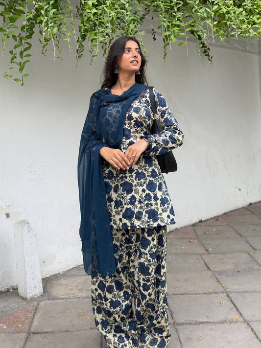 Navy Blue & White Floral Printed Farshi Salwar Suit Set with Dupatta