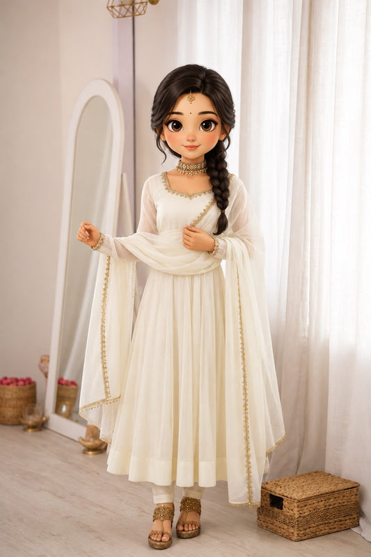 Off White Mal Chanderi Anarkali Gown with Mirror Work Lace Dupatta