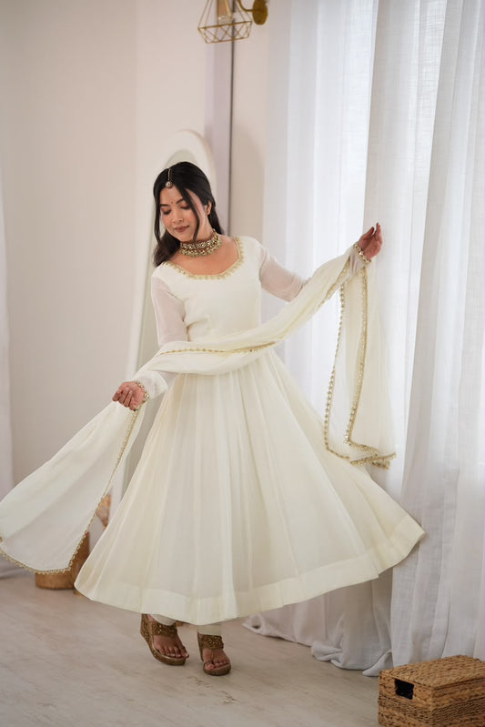 Off White Mal Chanderi Anarkali Gown with Mirror Work Lace Dupatta