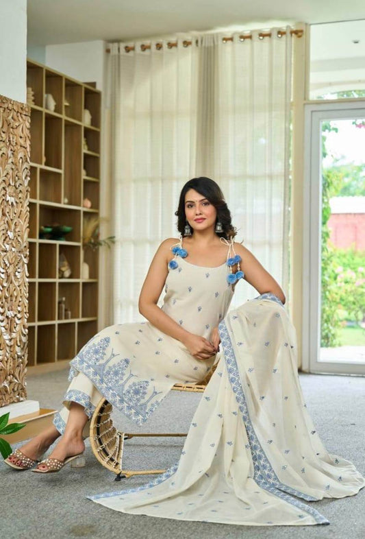 Off White Maska Cotton Silk Kurta Pant Set with Embroidered Dupatta