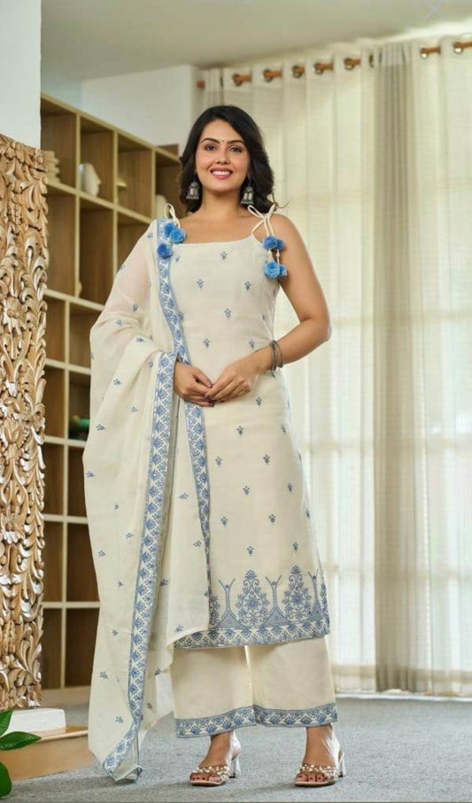 Off White Maska Cotton Silk Kurta Pant Set with Embroidered Dupatta