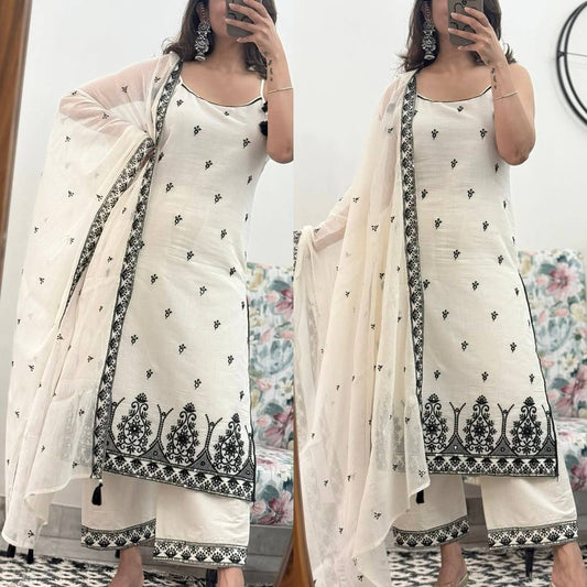 Elegant Off White & Black Embroidered Kurta Pant Set with Cotton Silk Dupatta
