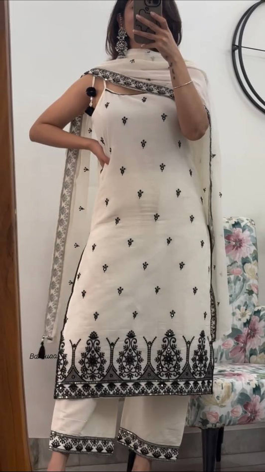 Elegant Off White & Black Embroidered Kurta Pant Set with Cotton Silk Dupatta