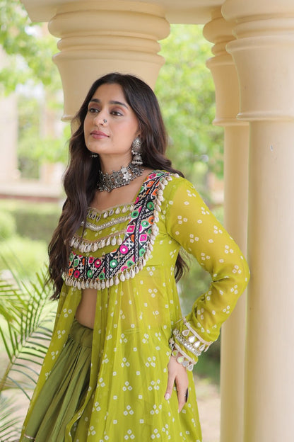 Olive Green Bandhani Print Lehenga Choli with Kutchi Gamthi Patchwork Shrug