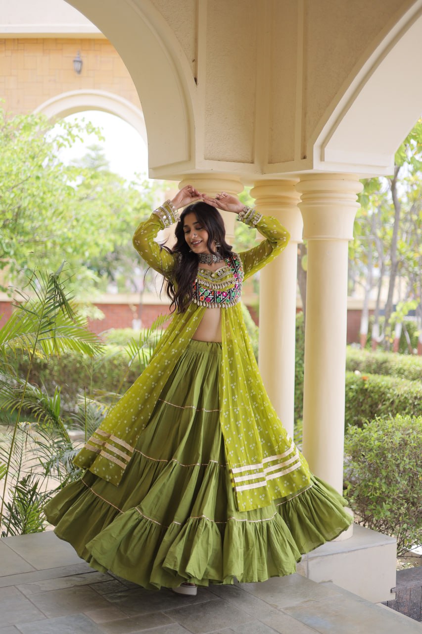 Olive Green Bandhani Print Lehenga Choli with Kutchi Gamthi Patchwork Shrug