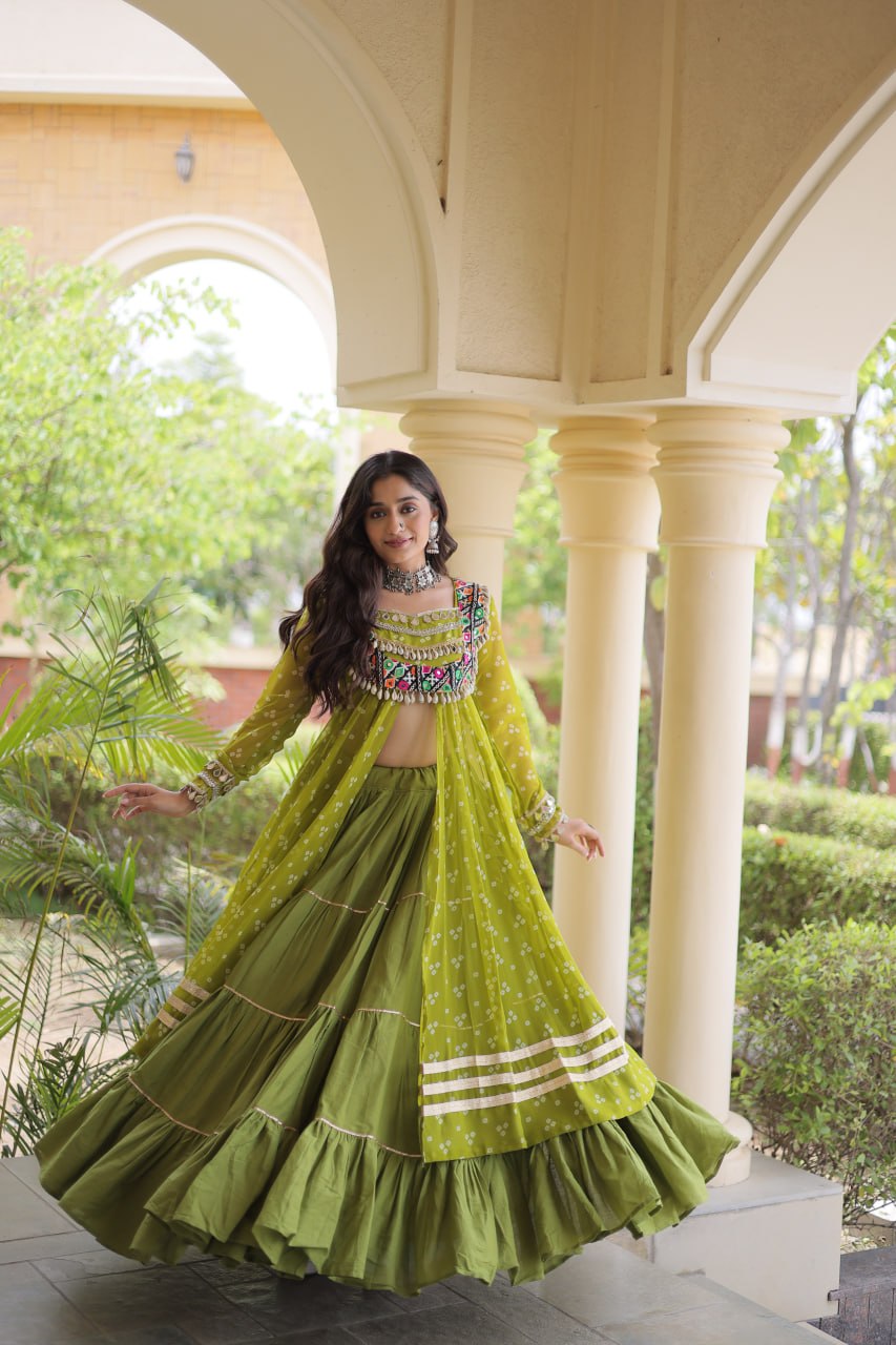 Olive Green Bandhani Print Lehenga Choli with Kutchi Gamthi Patchwork Shrug
