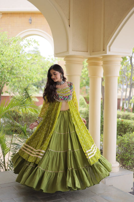 Olive Green Bandhani Print Lehenga Choli with Kutchi Gamthi Patchwork Shrug