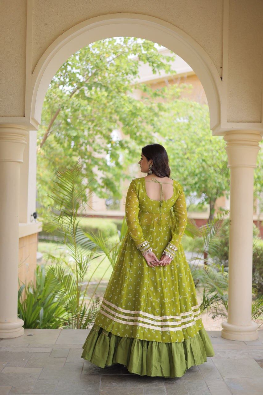 Olive Green Bandhani Print Lehenga Choli with Kutchi Gamthi Patchwork Shrug