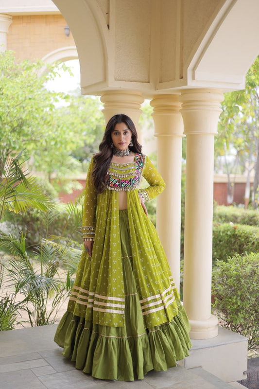 Olive Green Bandhani Print Lehenga Choli with Kutchi Gamthi Patchwork Shrug