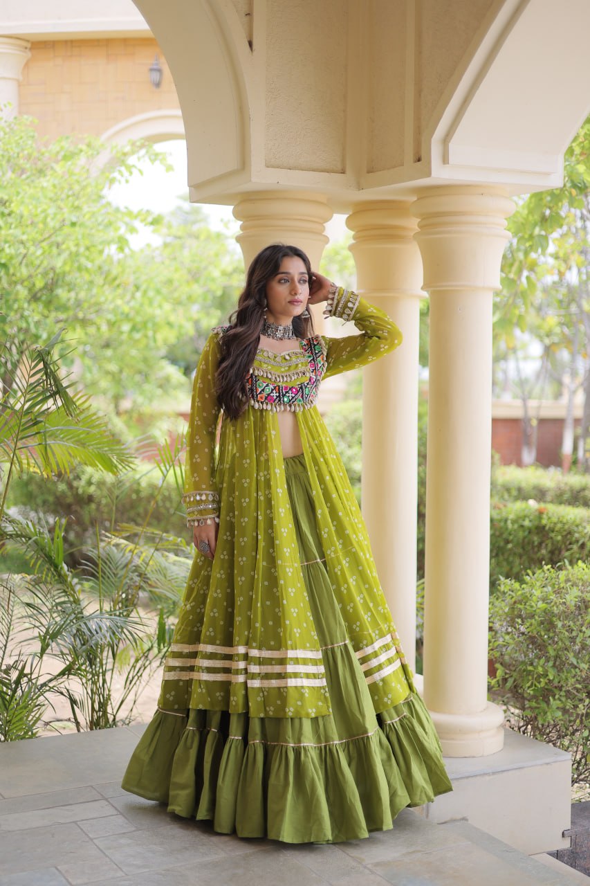 Olive Green Bandhani Print Lehenga Choli with Kutchi Gamthi Patchwork Shrug