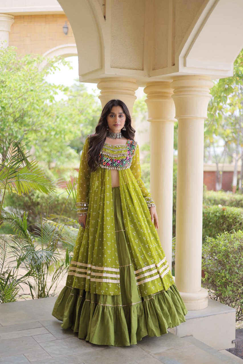 Olive Green Bandhani Print Lehenga Choli with Kutchi Gamthi Patchwork Shrug