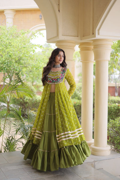 Olive Green Bandhani Print Lehenga Choli with Kutchi Gamthi Patchwork Shrug