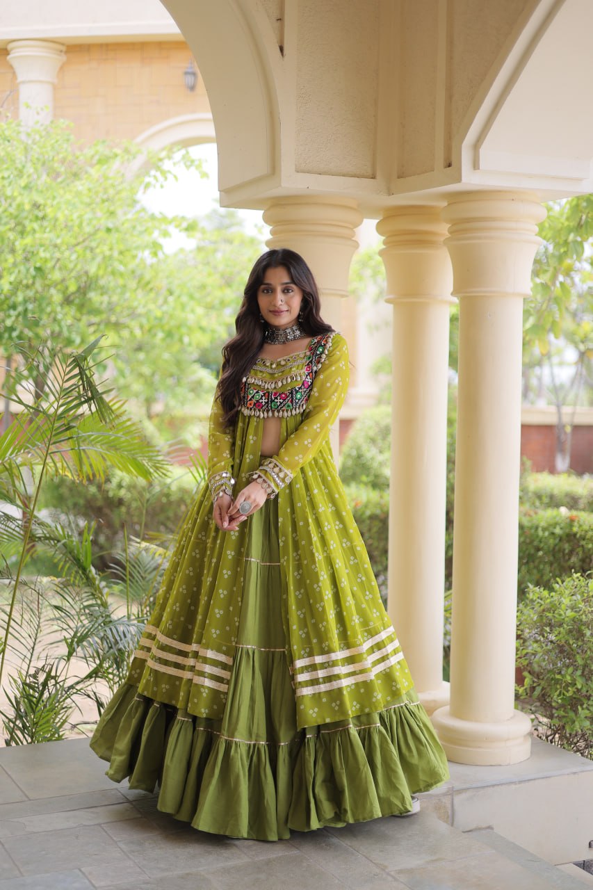 Olive Green Bandhani Print Lehenga Choli with Kutchi Gamthi Patchwork Shrug