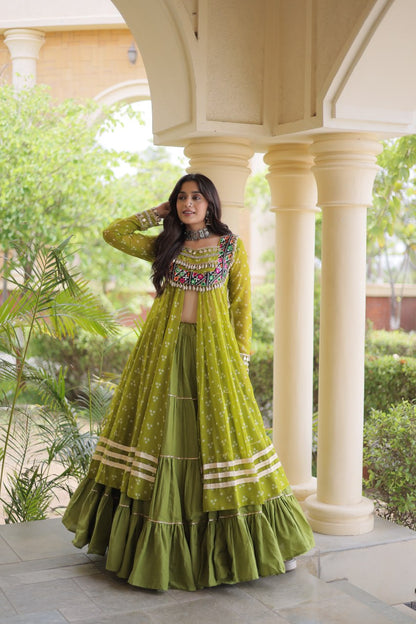 Olive Green Bandhani Print Lehenga Choli with Kutchi Gamthi Patchwork Shrug