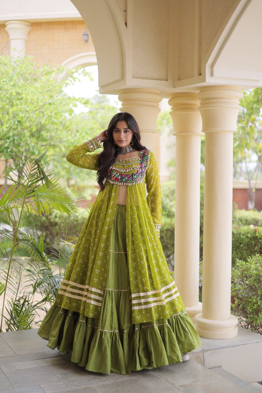 Olive Green Bandhani Print Lehenga Choli with Kutchi Gamthi Patchwork Shrug