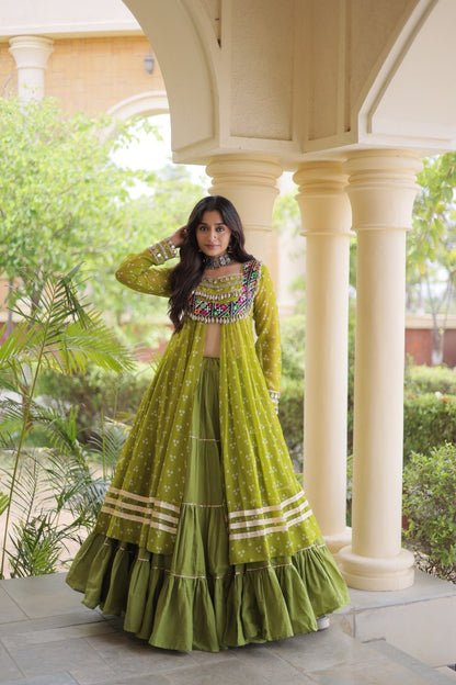 Olive Green Bandhani Print Lehenga Choli with Kutchi Gamthi Patchwork Shrug