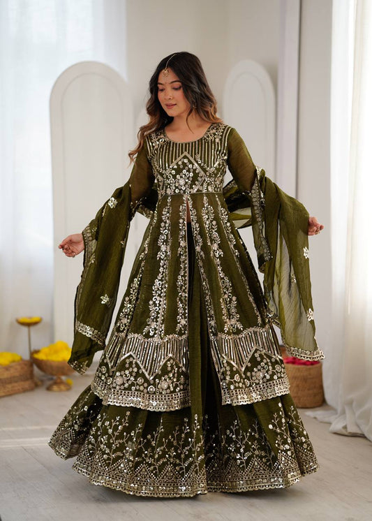 Olive Green Heavy Embroidered Anarkali Lehenga Set with Dupatta
