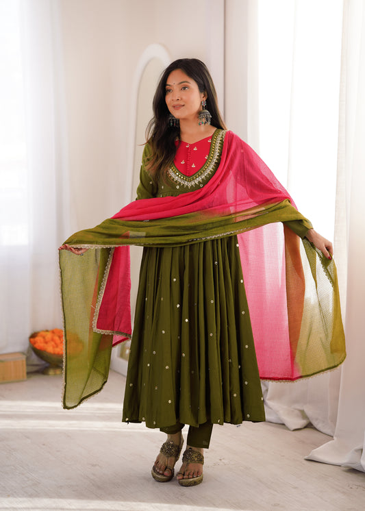 Olive Green Roman Silk Anarkali Gown with Real Mirror Work & Dual Tone Kota Checks Dupatta