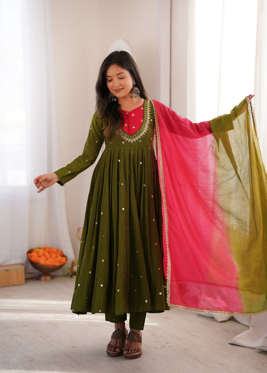 Olive Green Roman Silk Anarkali Gown with Real Mirror Work & Dual Tone Kota Checks Dupatta