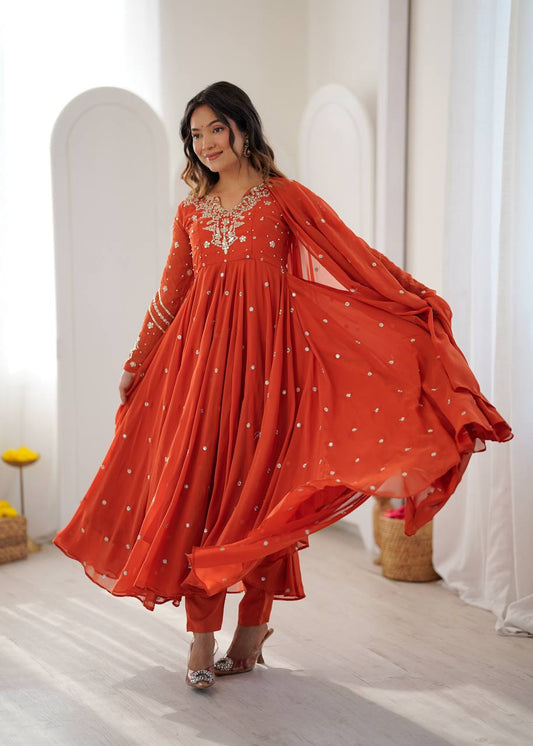 Orange Georgette Embroidered Anarkali Gown with Dupatta