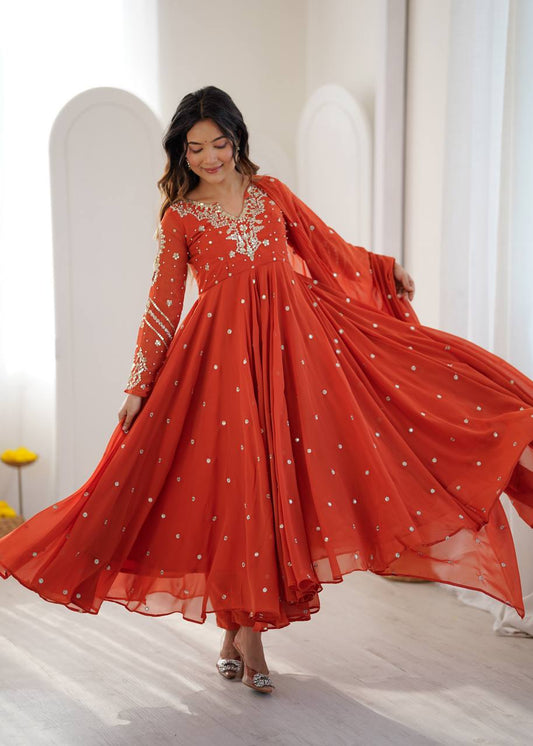 Orange Georgette Embroidered Anarkali Gown with Dupatta