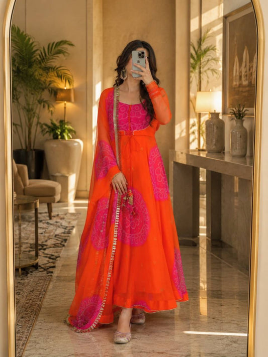 Orange Georgette Digital Print Anarkali Suit Set with Dupatta