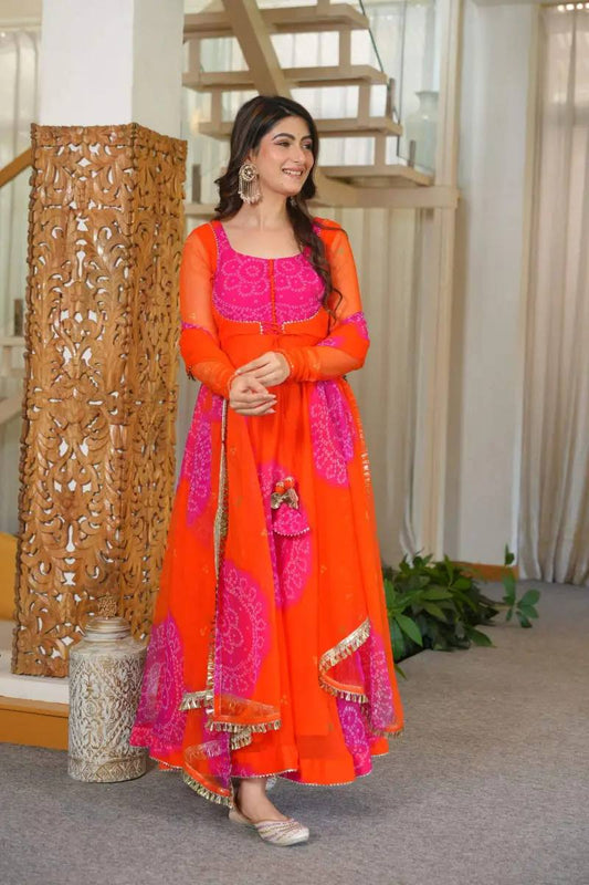 Orange Georgette Digital Print Anarkali Suit Set with Dupatta