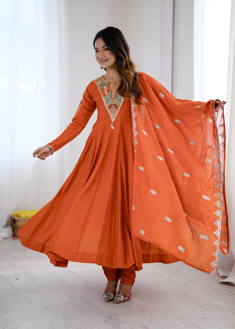 Orange Silk Anarkali Gown with Embroidery Sequins Work & Dupatta