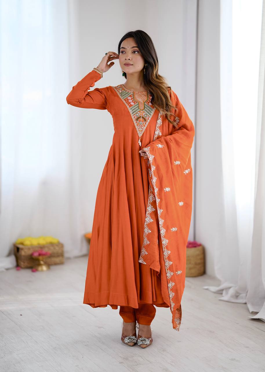 Orange Silk Anarkali Gown with Embroidery Sequins Work & Dupatta