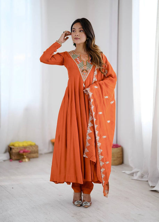 Orange Silk Anarkali Gown with Embroidery Sequins Work & Dupatta