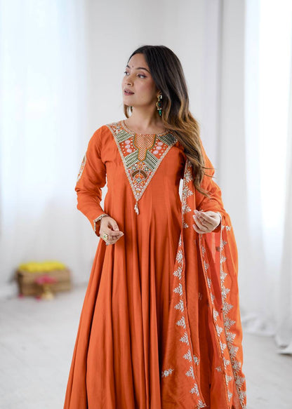 Orange Silk Anarkali Gown with Embroidery Sequins Work & Dupatta