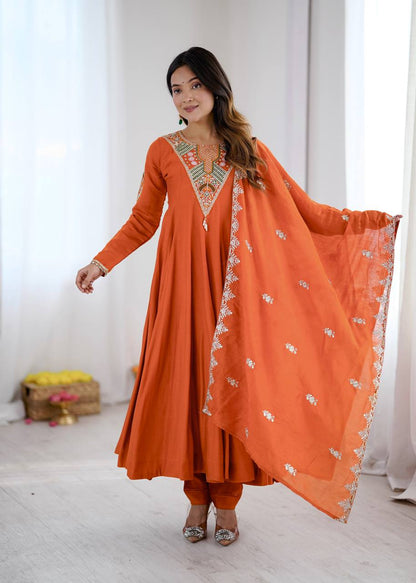 Orange Silk Anarkali Gown with Embroidery Sequins Work & Dupatta