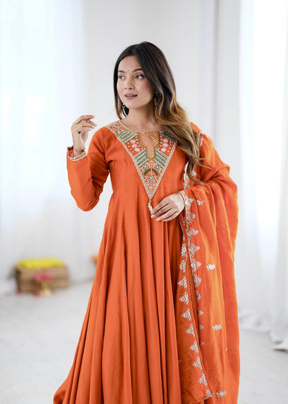 Orange Silk Anarkali Gown with Embroidery Sequins Work & Dupatta