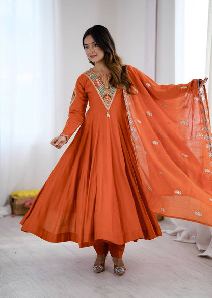 Orange Silk Anarkali Gown with Embroidery Sequins Work & Dupatta