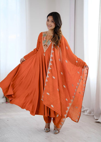 Orange Silk Anarkali Gown with Embroidery Sequins Work & Dupatta