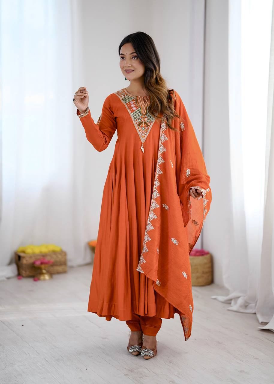 Orange Silk Anarkali Gown with Embroidery Sequins Work & Dupatta