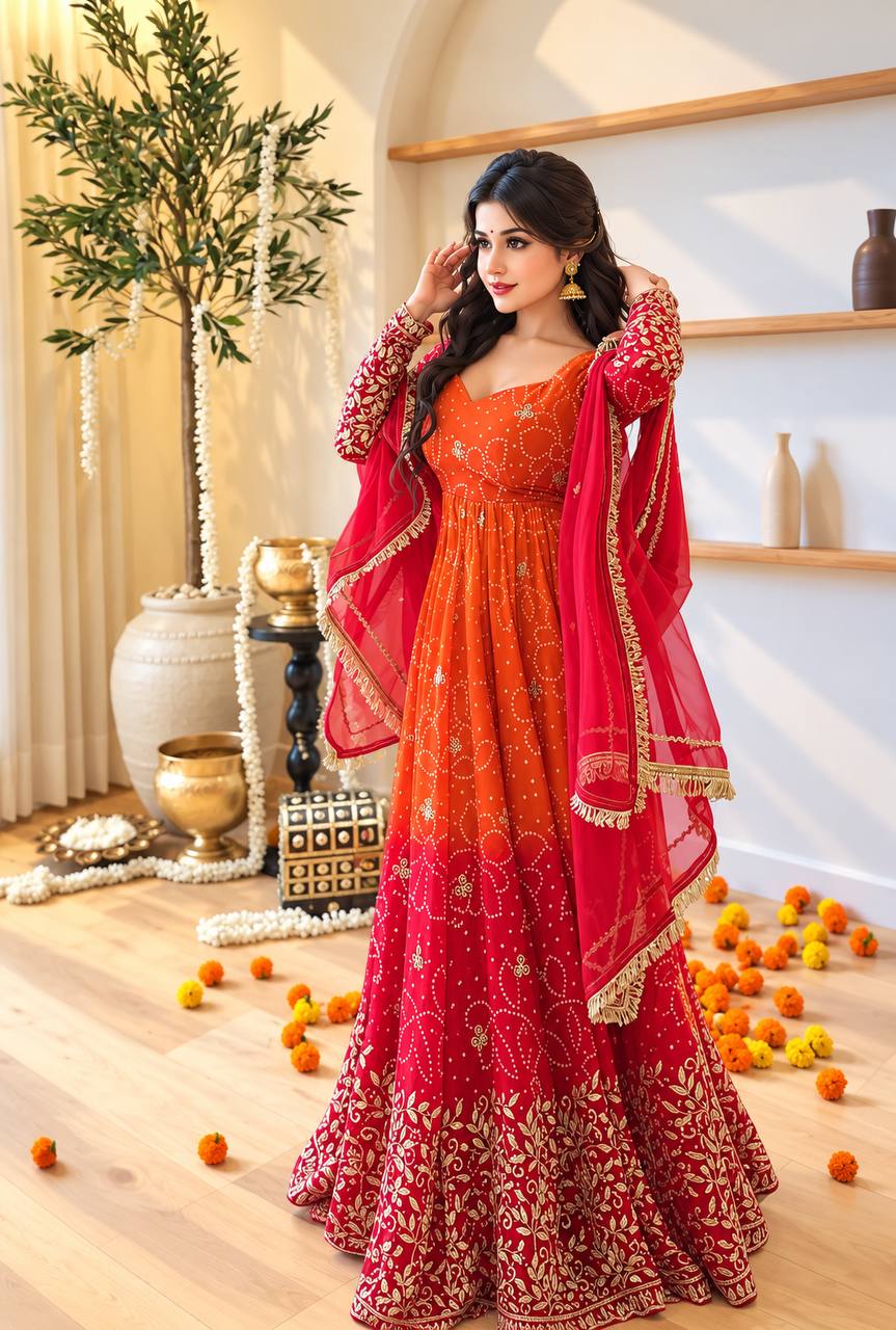 Orange & Red Anarkali Gown with Golden Embroidery and Dupatta
