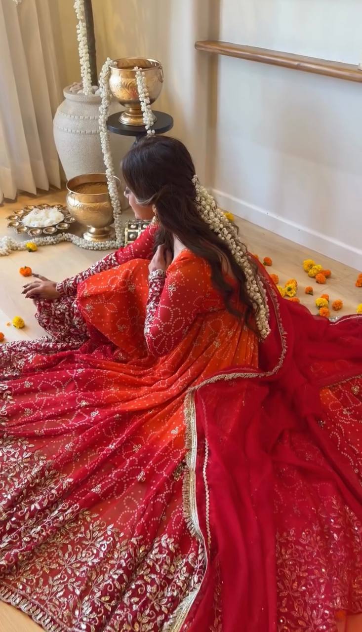 Orange & Red Anarkali Gown with Golden Embroidery and Dupatta