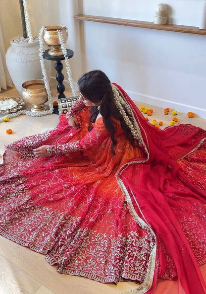 Orange & Red Anarkali Gown with Golden Embroidery and Dupatta