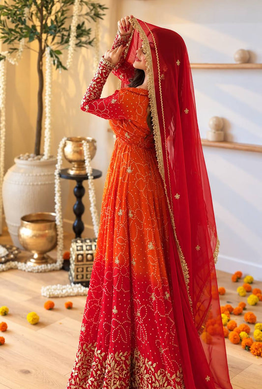 Orange & Red Anarkali Gown with Golden Embroidery and Dupatta