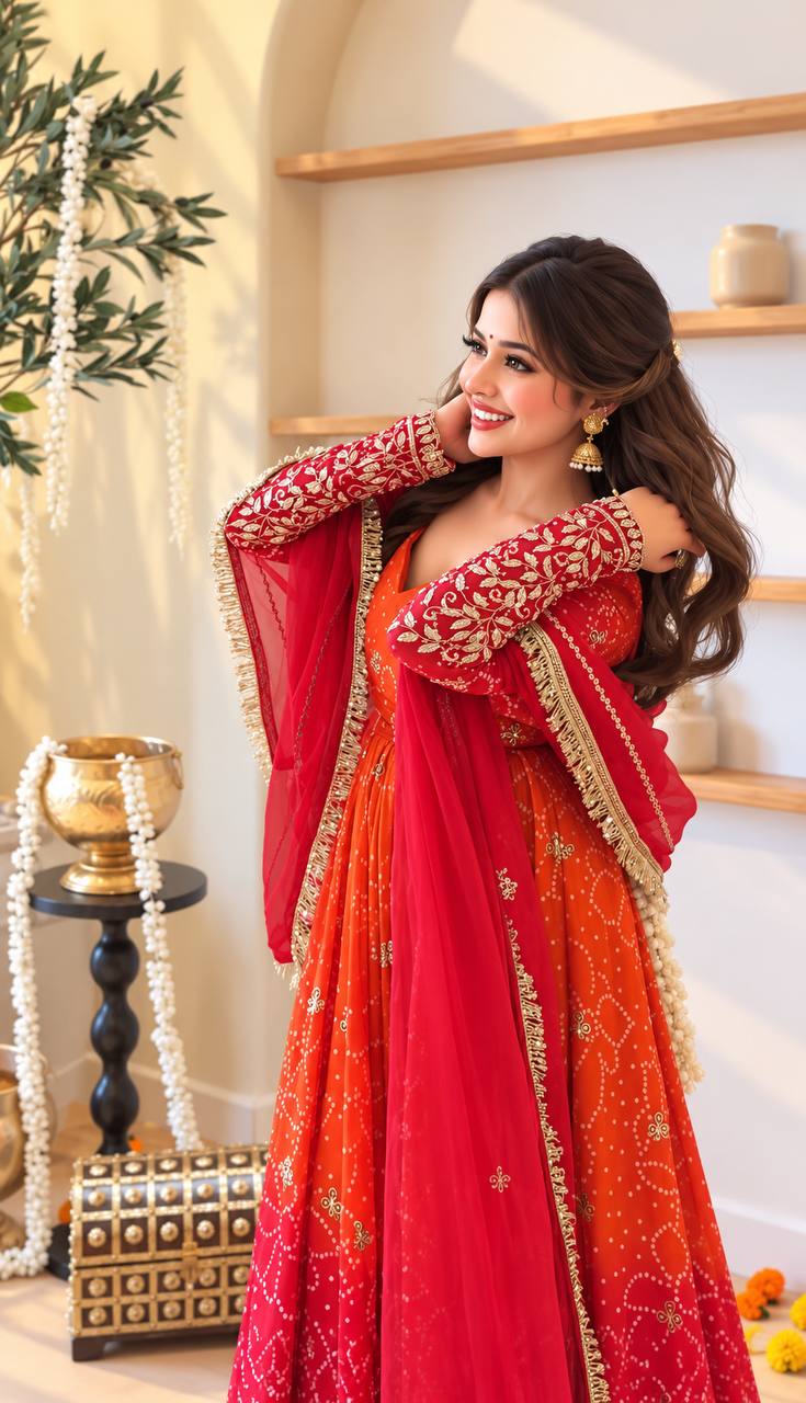 Orange & Red Anarkali Gown with Golden Embroidery and Dupatta