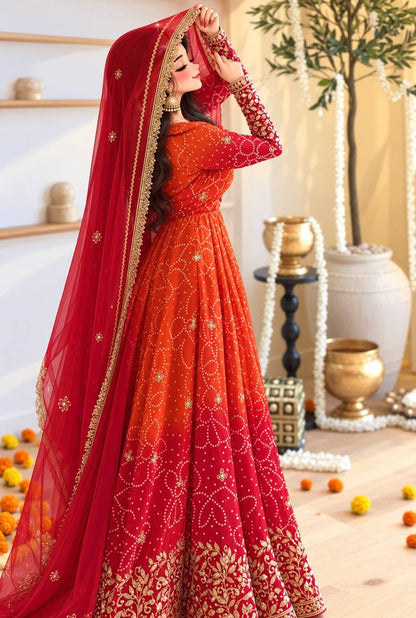Orange & Red Anarkali Gown with Golden Embroidery and Dupatta