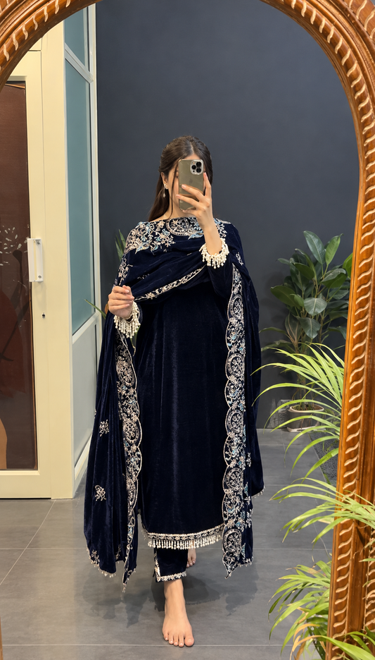 Navy Blue Velvet Salwar Suit with Teal Embroidered Dupatta & Pearl Tassel Details