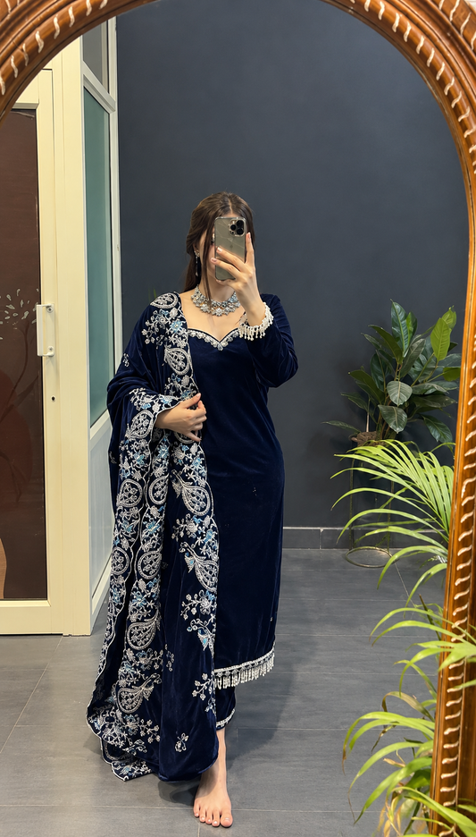 Navy Blue Velvet Salwar Suit with Teal Embroidered Dupatta & Pearl Tassel Details