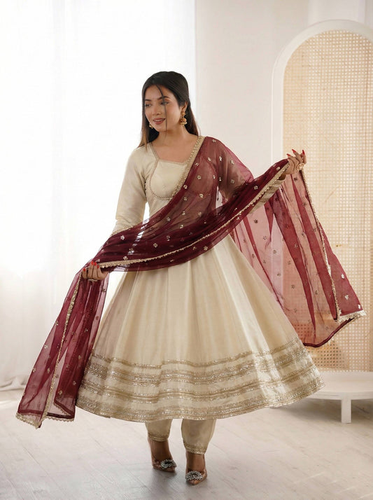 Cream Cosmos Gold Anarkali Gown with Heavy Lace Work & Georgette Dupatta
