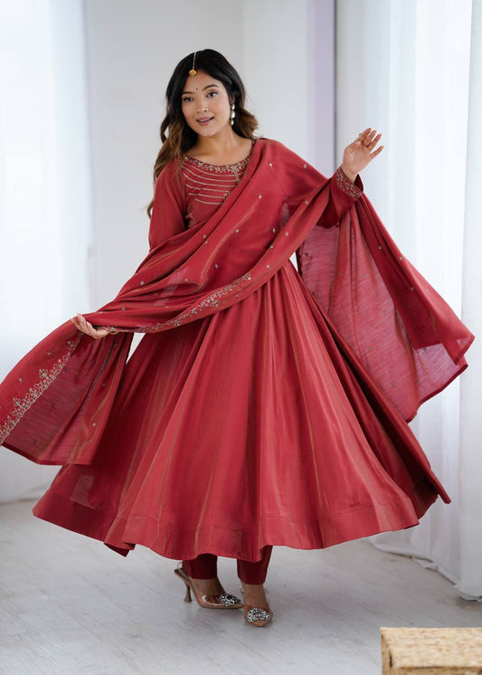 Maroon Silk Anarkali Suit with Embroidered Dupatta and Pant